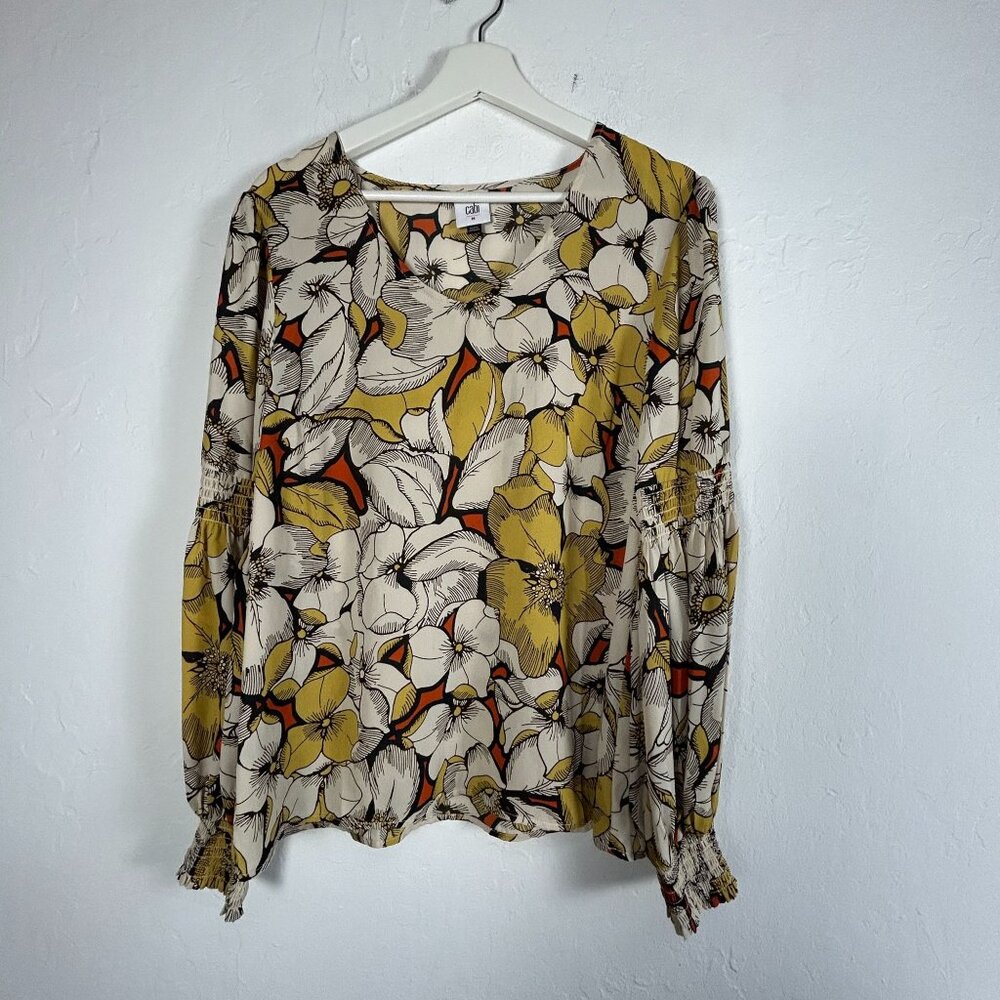 Cabi Sequel Blouse Womens Floral V-Neck Top Medium Long Sleeve Yellow Style 3954